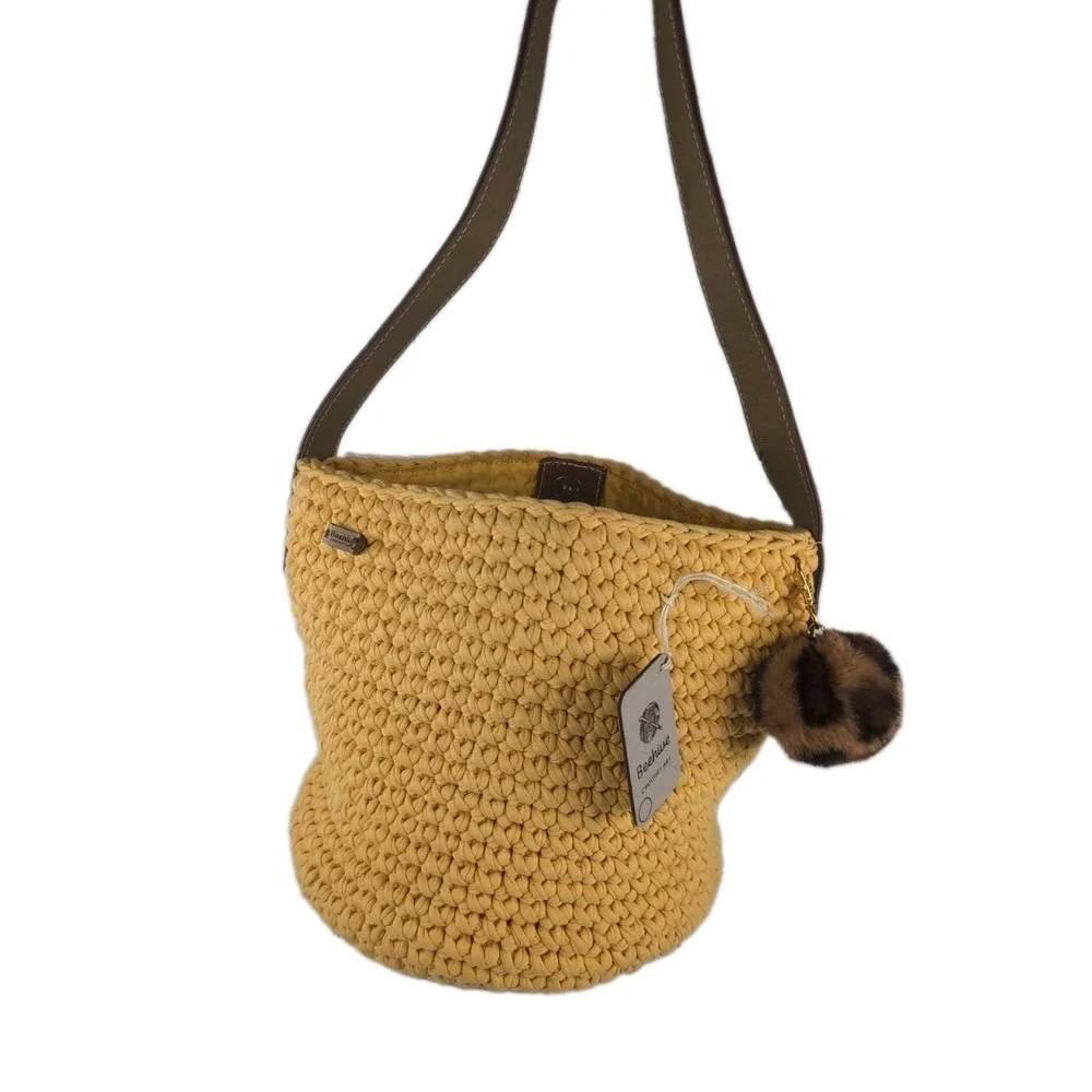 Beehive Crochet Art Handmade Yellow Shoulder Bag Tote Carryall Bucket Bag W/Tags